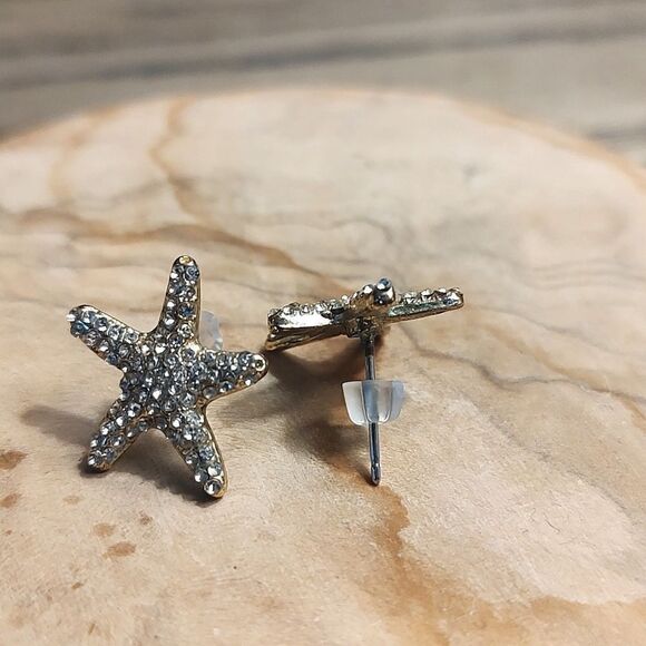 Gold Tone Rhinestone Sparkle Sea Star Pierced Earrings - Picture 8 of 11